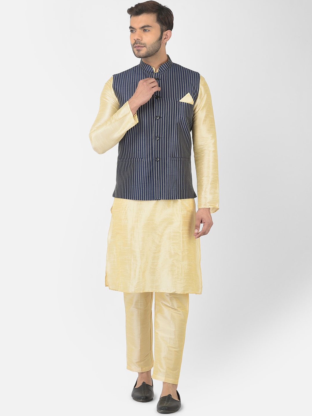 

DEYANN Men Navy Blue & Gold Kurta with Pyjama With Nehru Jacket