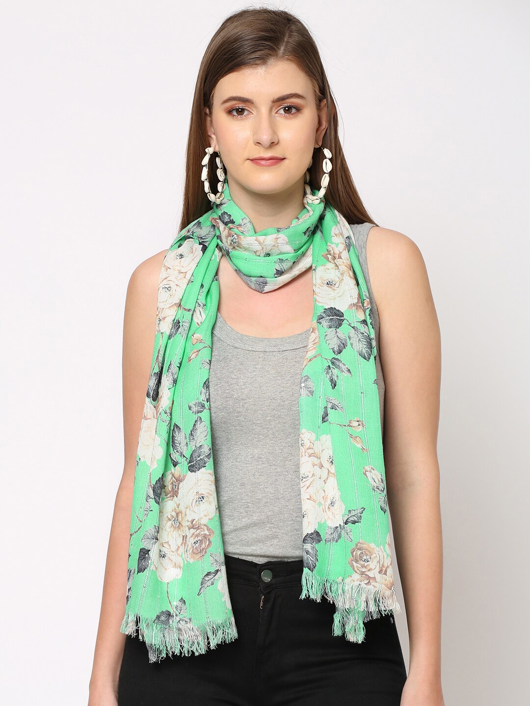 

Cloth Haus India Women Green & Cream-Coloured Sequins Floral Printed Scarf