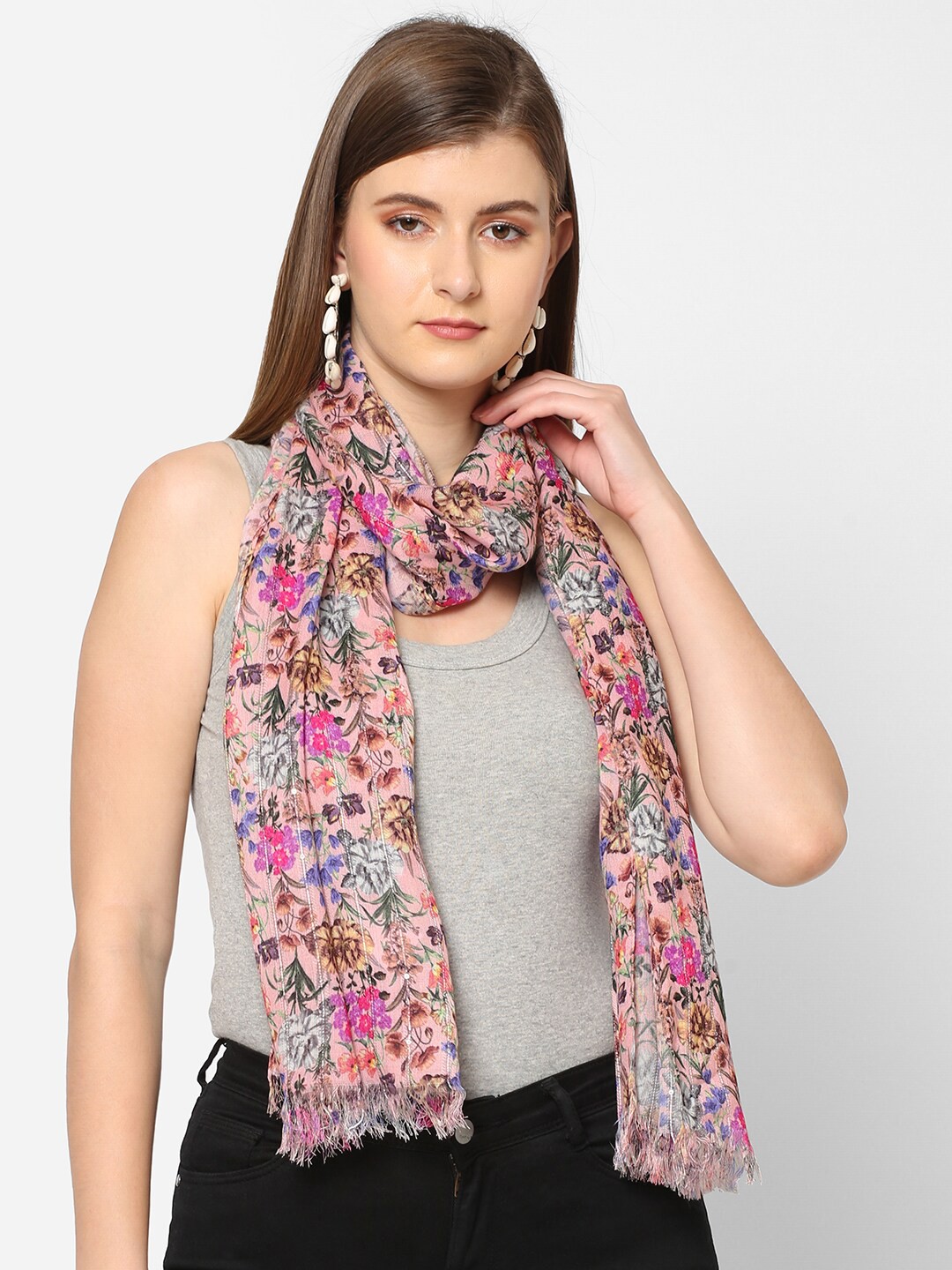

Cloth Haus India Women Pink & Grey Sequins Floral Printed Scarf