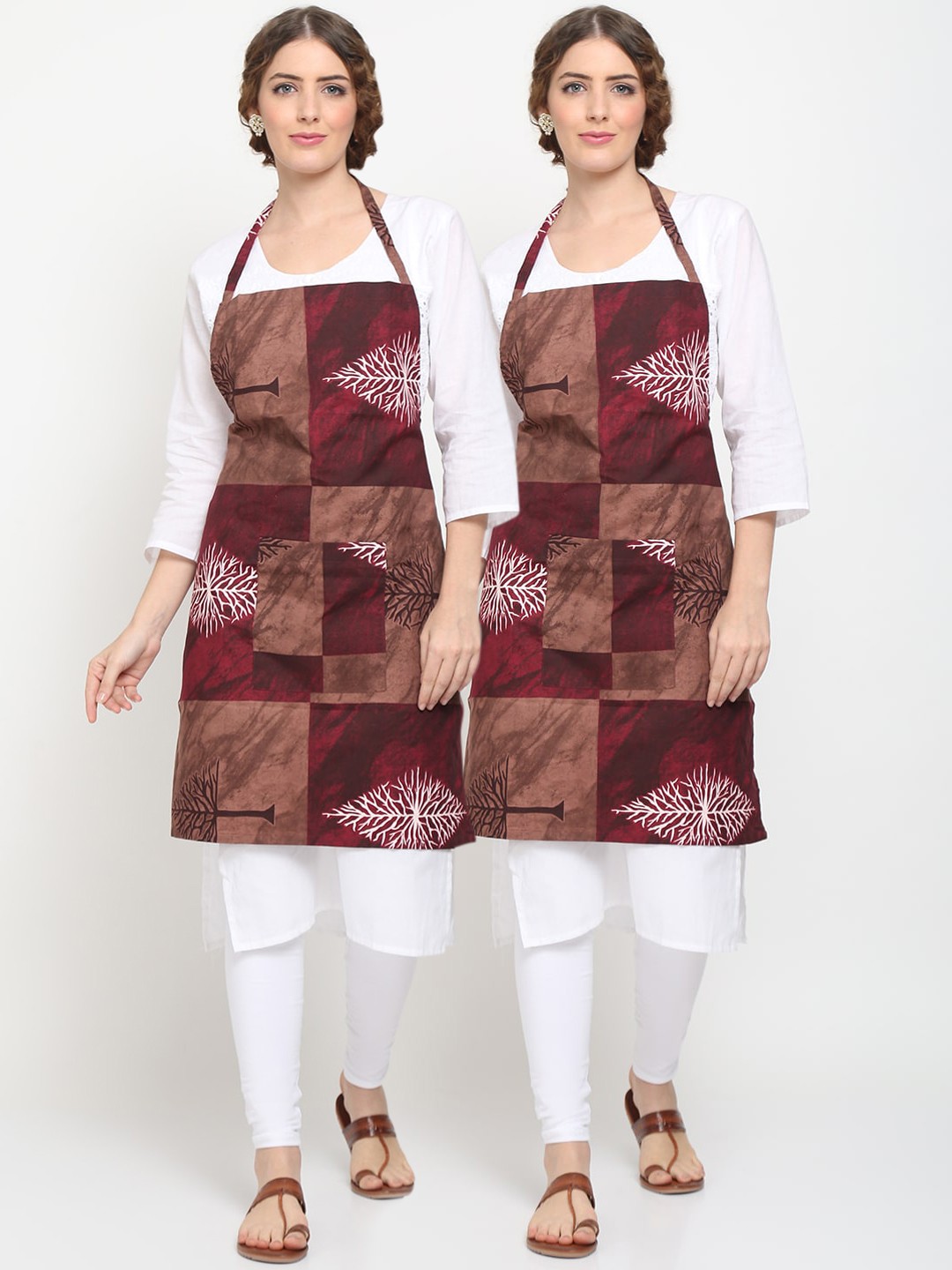 

TAG 7 Pack of 2 Unisex Brown & Maroon Printed Aprons with Pockets