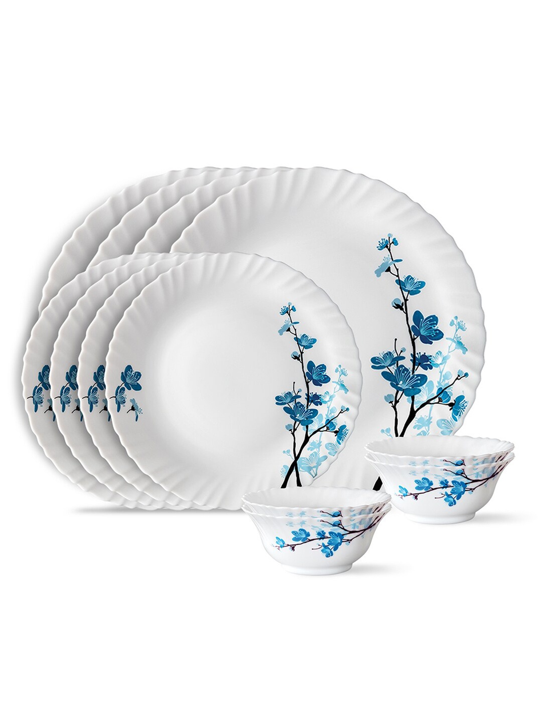

Larah by BOROSIL White & Blue 12 Pieces Floral Printed Opalware Glossy Dinner Set