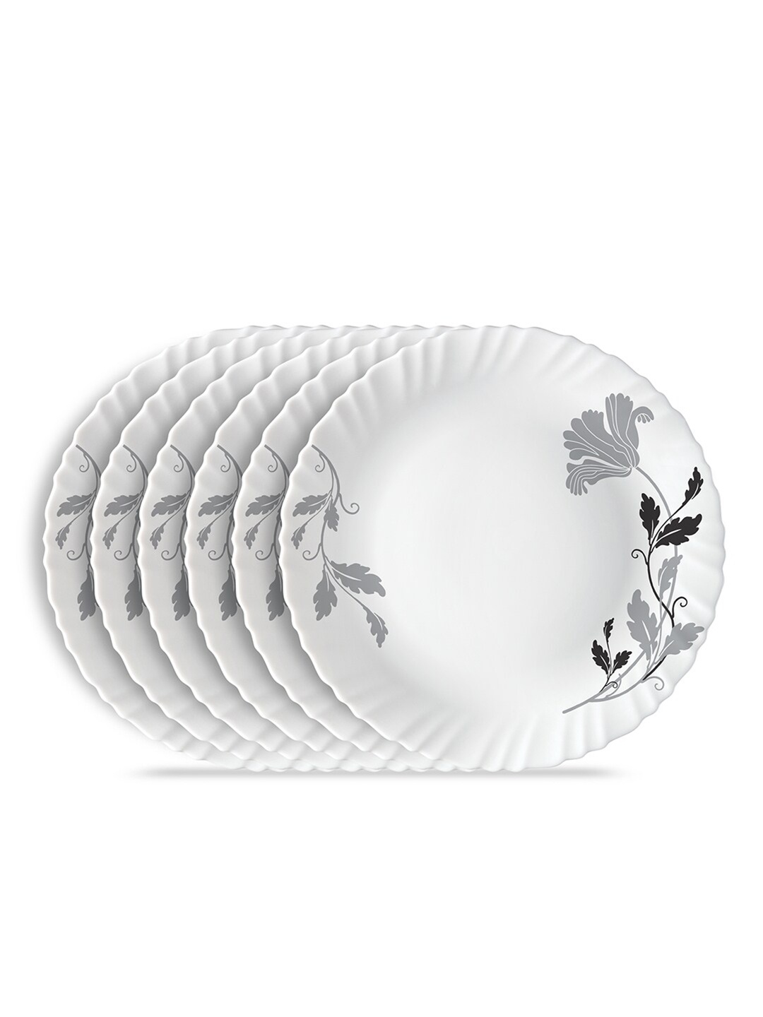 

Larah by BOROSIL Set Of 6 White & Grey Floral Printed Opalware Glossy Plates