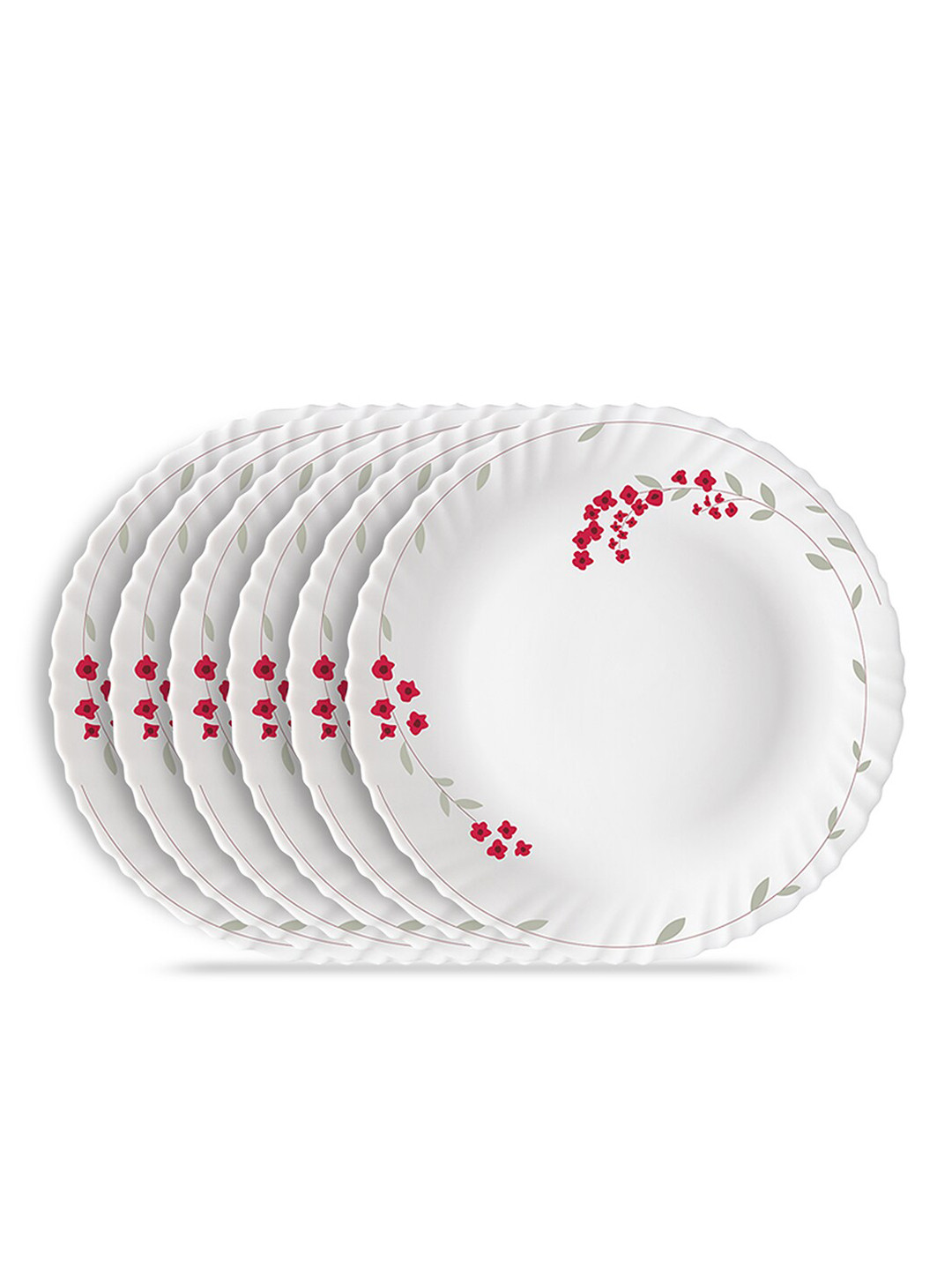 

Larah by BOROSIL Set Of 6 White & Red Floral Printed Opalware Glossy Plates