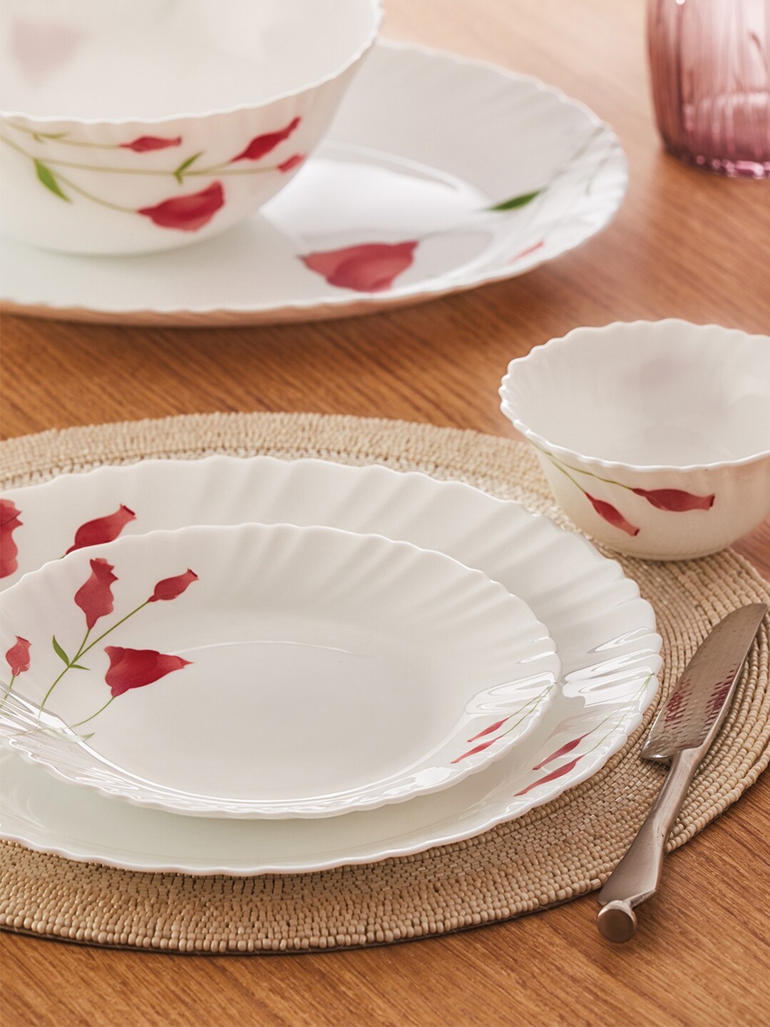 

Larah by BOROSIL White & Red 12 Pieces Floral Printed Opalware Glossy Dinner Set