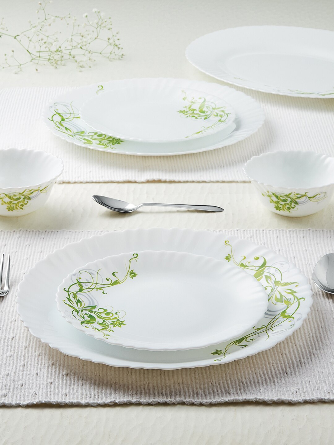 

Larah by BOROSIL White & Green 12 Pieces Floral Printed Opalware Glossy Dinner Set