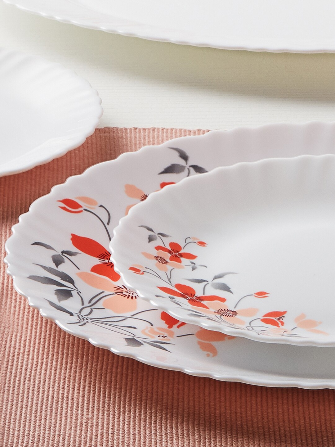 

Larah by BOROSIL White & Red 12 Pieces Floral Printed Opalware Glossy Dinner Set