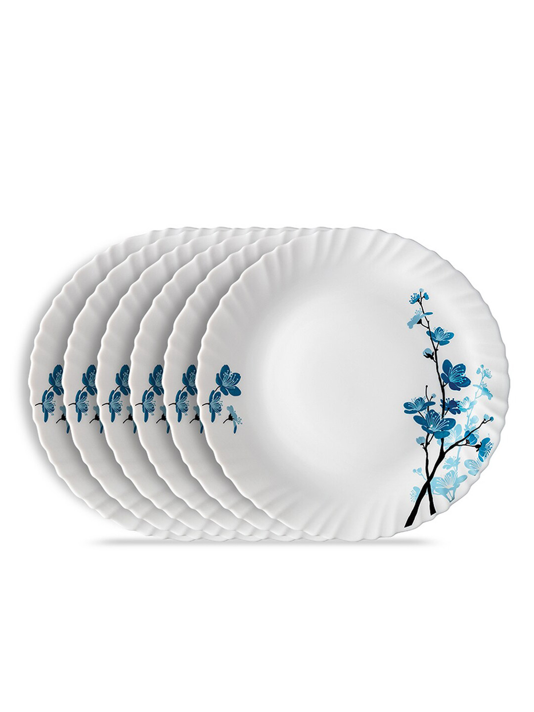 

Larah by BOROSIL Set Of 6 White & Blue Floral Printed Opalware Glossy Plates
