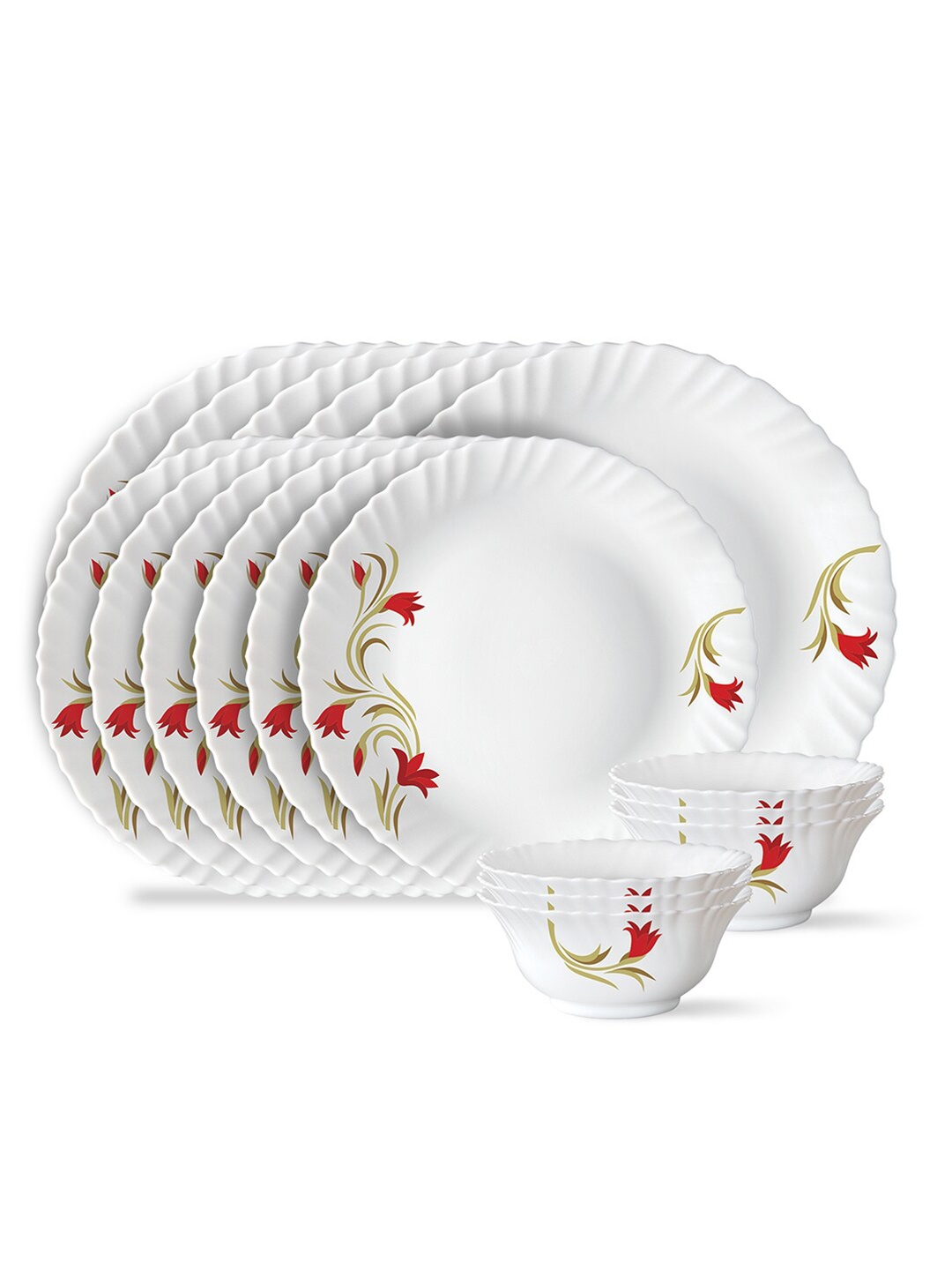 

Larah by BOROSIL White & Red 18 Pieces Floral Printed Opalware Glossy Dinner Set