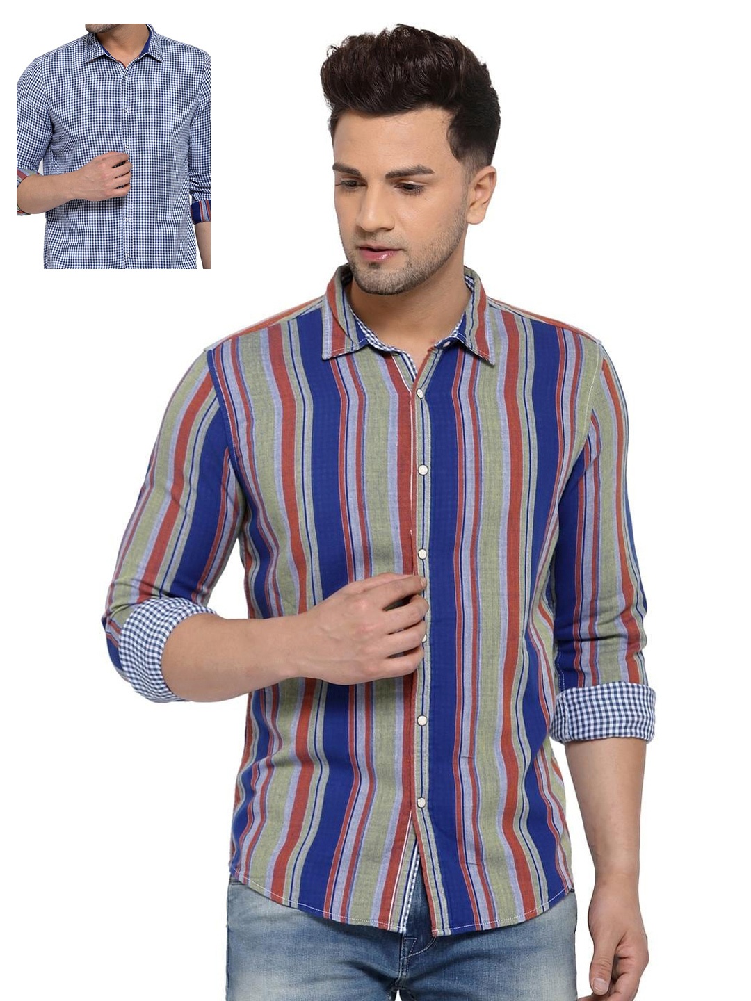 

Pepe Jeans Men Yellow & Blue Striped & Checked Reversible Cotton Casual Shirt
