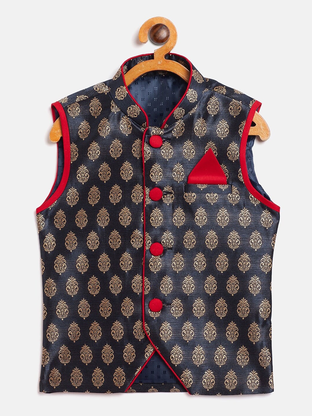 

JBN Creation Boys Navy Blue & Gold-Toned Woven Design Slim-Fit Nehru Jackets