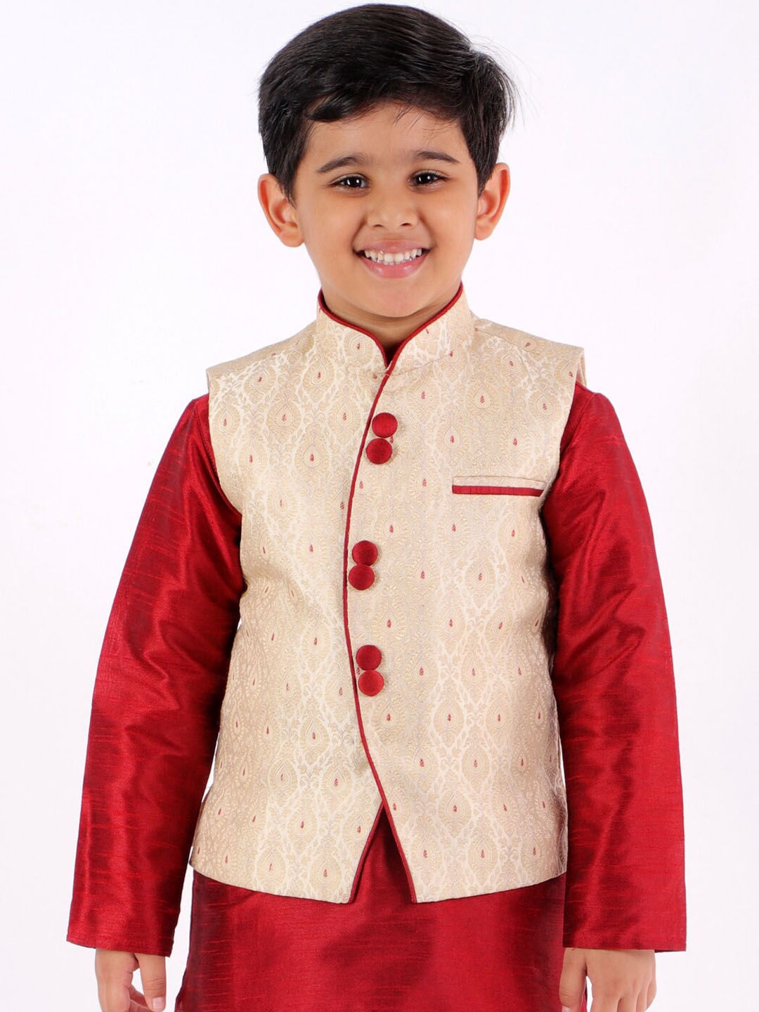 

JBN Creation Boys Beige & Maroon Woven-Design Slim-Fit Nehru Jacket