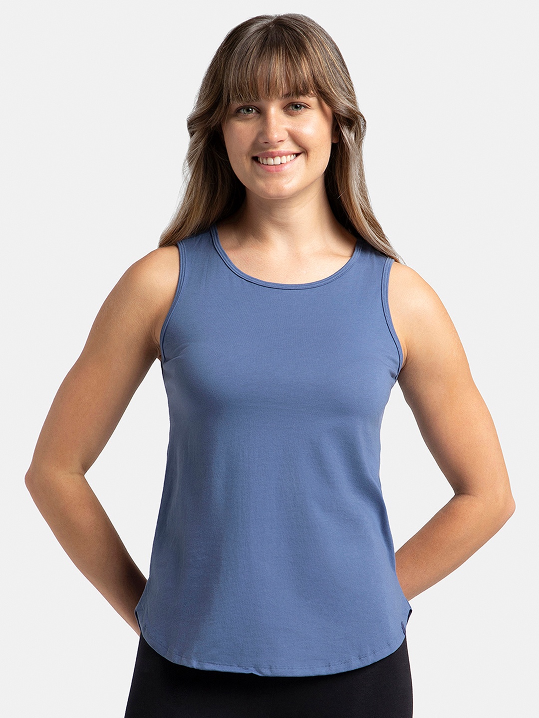 

Jockey Super Combed Cotton Rich Solid Curved Hem Styled Tank Top -AW77, Blue