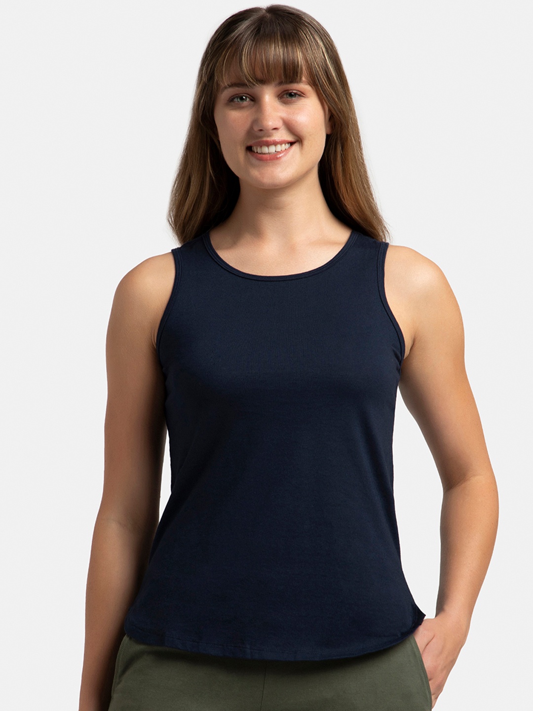 

Jockey Super Combed Cotton Rich Solid Curved Hem Styled Tank Top -AW77, Navy blue