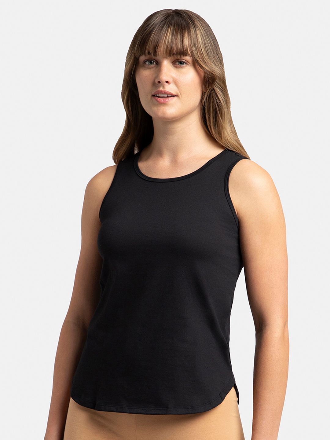 

Jockey Super Combed Cotton Rich Solid Curved Hem Styled Tank Top -AW77, Black