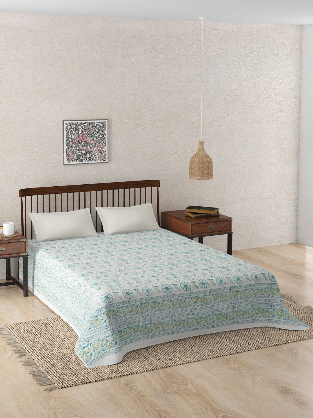 

Fabindia Teal Blue & White 180TC-249TC Block Printed Cotton Double Bed Cover