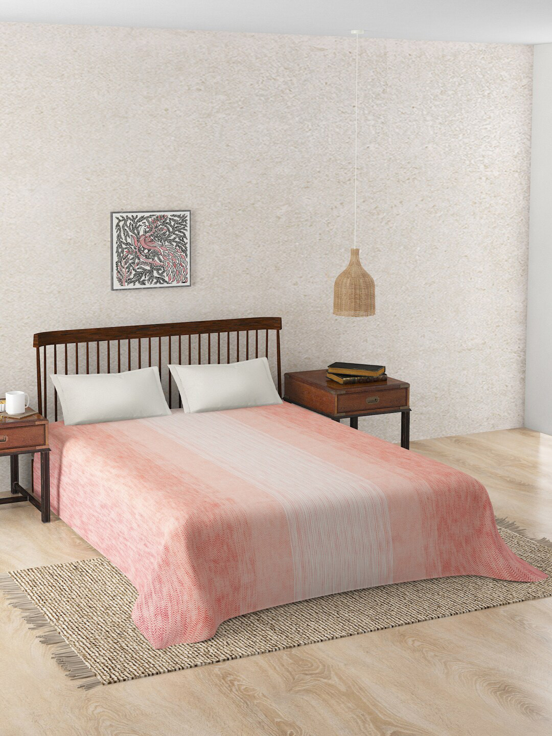 

Fabindia Coral Pink & Off-White Woven Design Cotton Double King Bed Cover