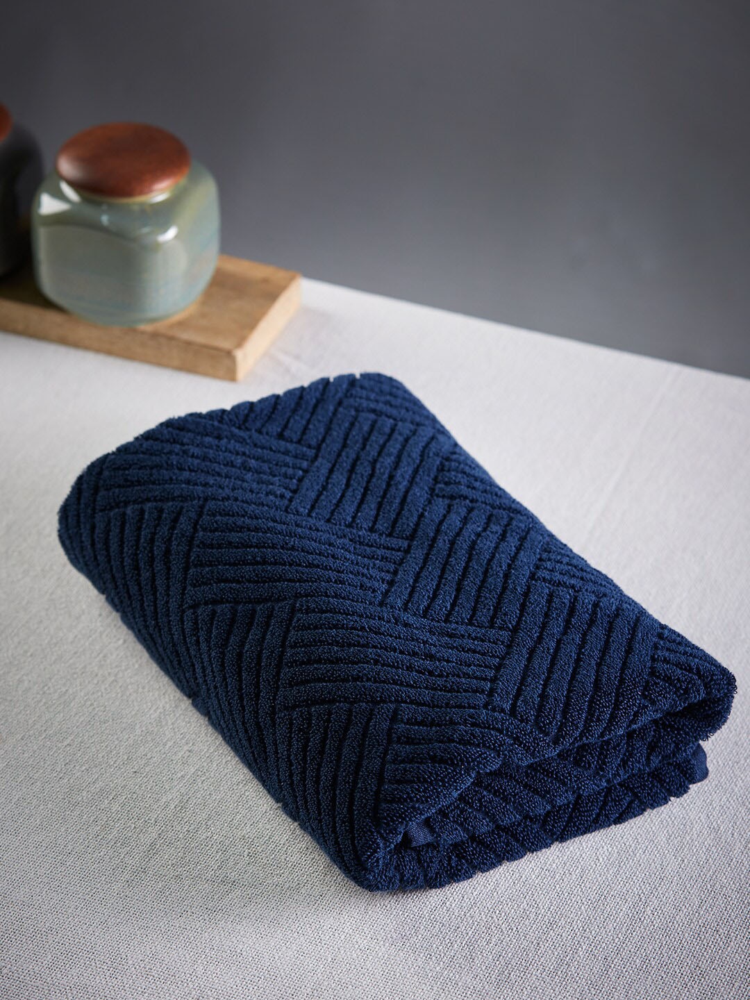 

Fabindia Navy Blue Striped 520 GSM Cotton Bath Towel
