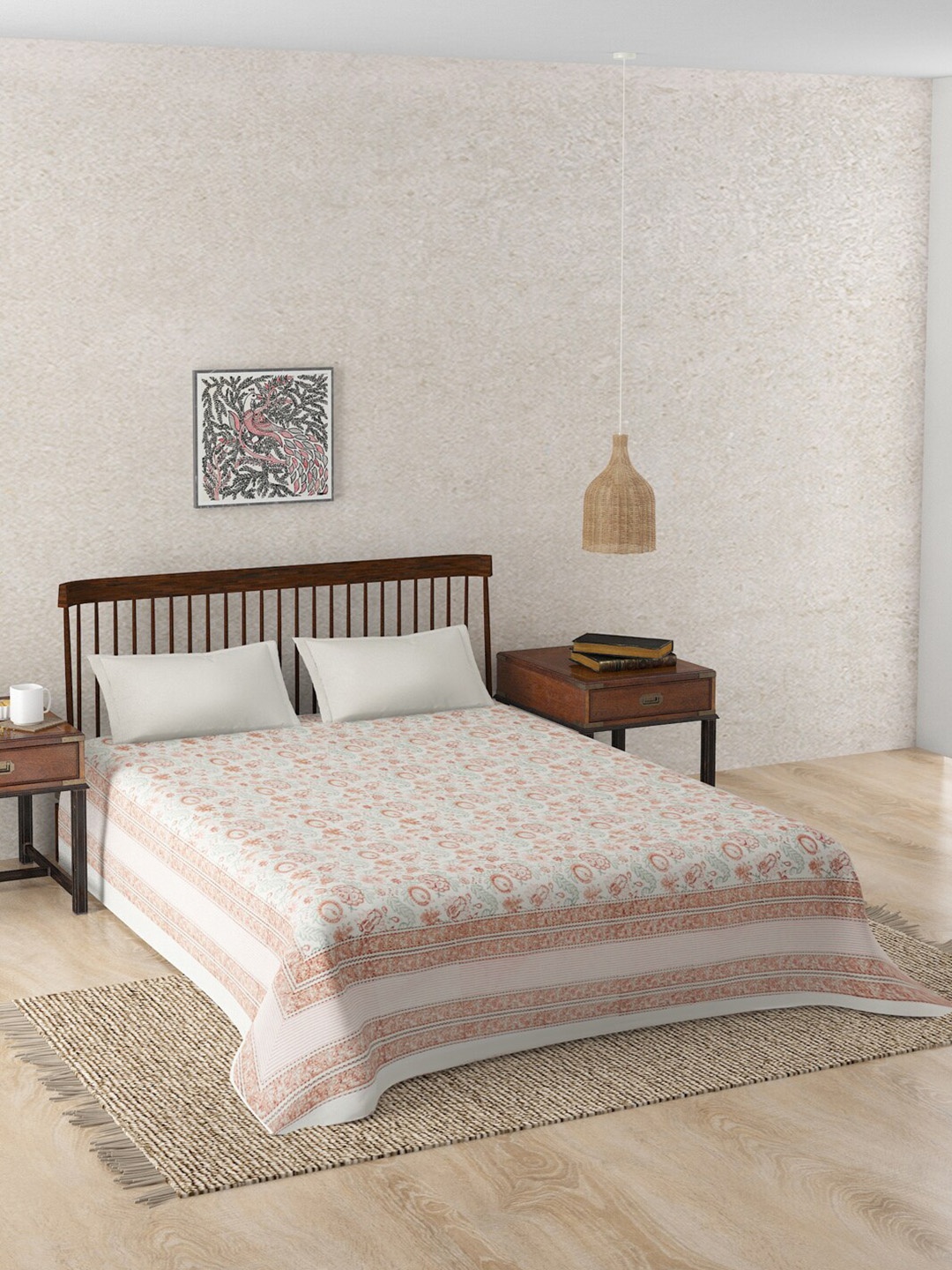 

Fabindia Coral & Green Handblock Printed Cotton Double King Bed Cover