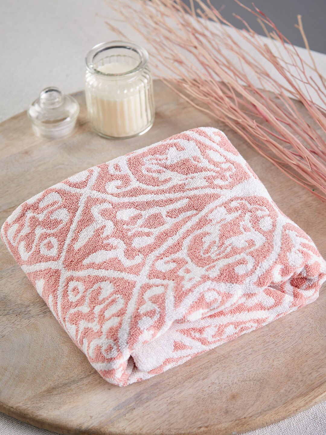 

Fabindia Pink & White Printed 500 GSM Cotton Bath Towel