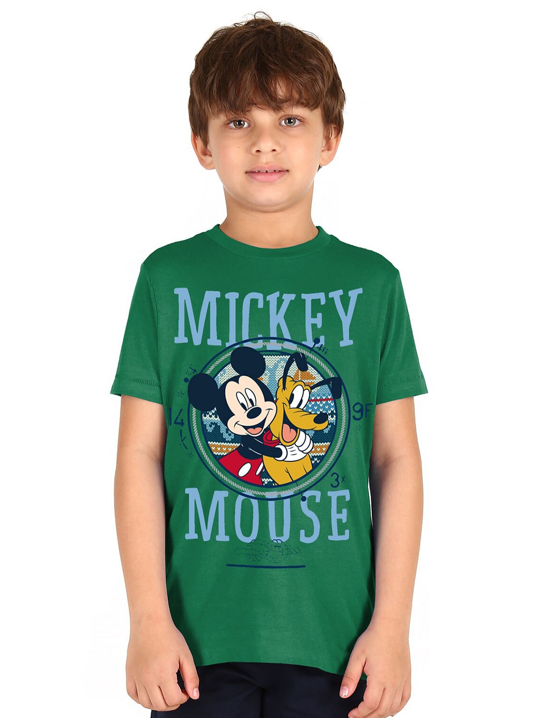 

Donuts Boys Green Mickey Mouse Printed Raw Edge Cotton T-shirt