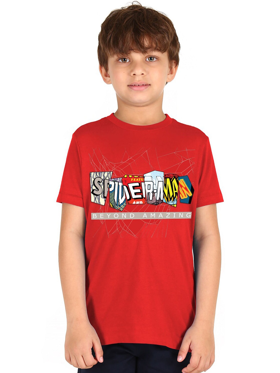 Donuts Boys Red Spiderman Typography Printed Pure Cotton T-shirt