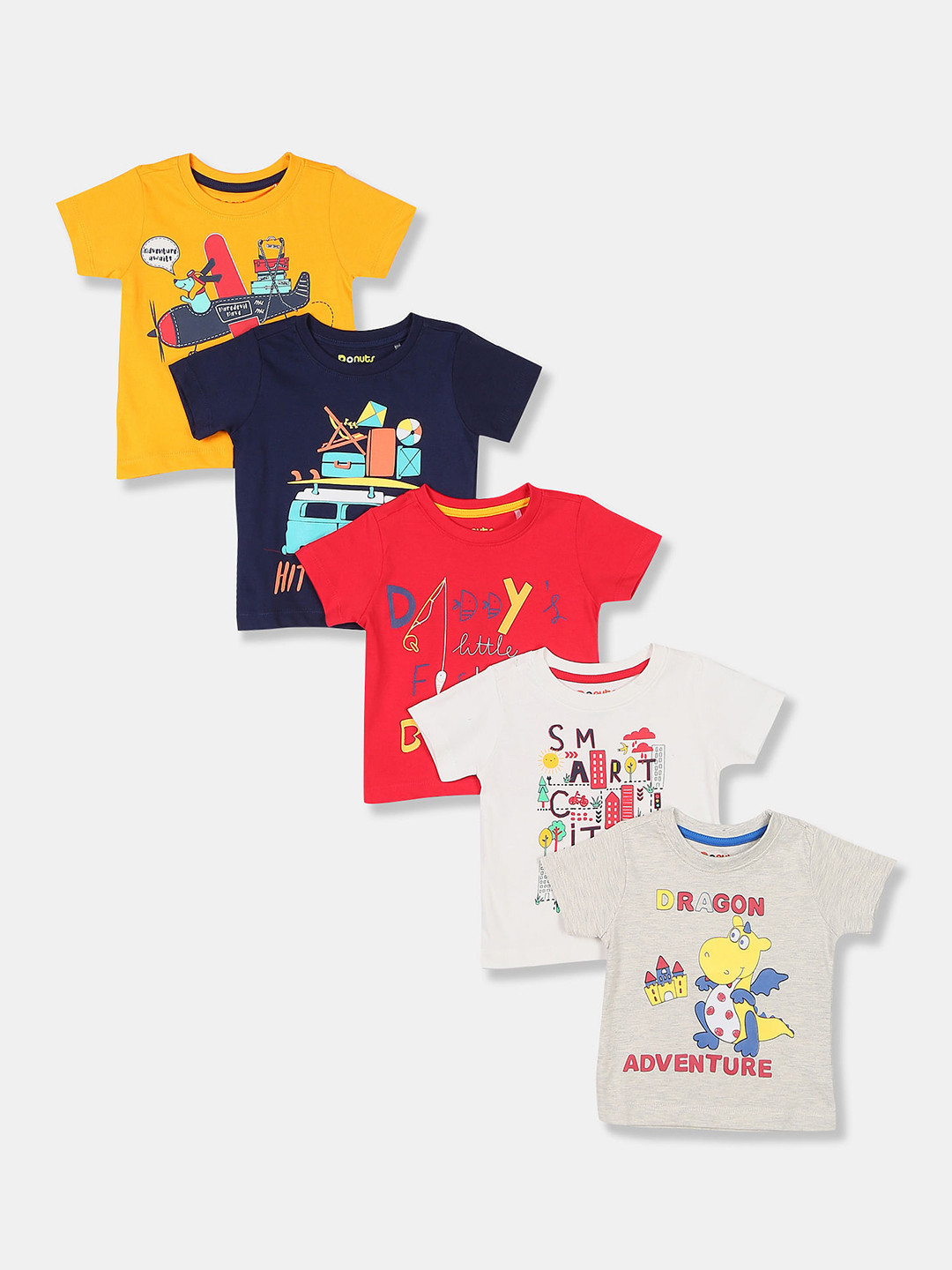 

Donuts Boys Navy Blue & Grey Pack of 5 Printed Cotton T-shirt