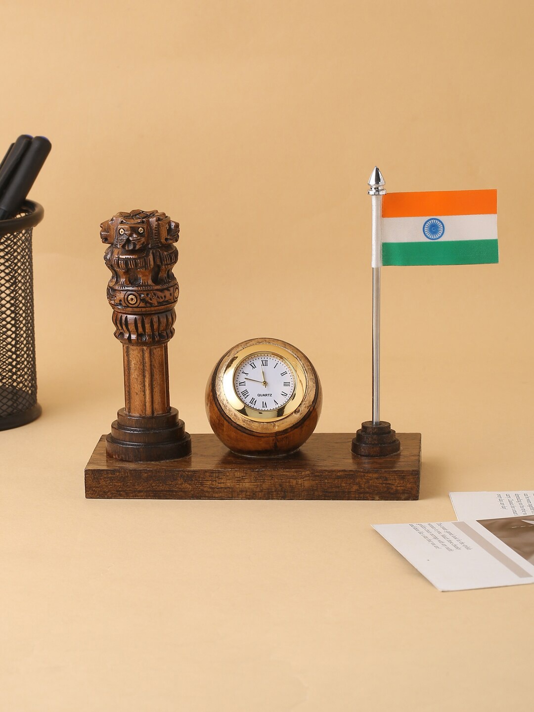 

RDK Brown Wooden Ashoka Pillar With Flag & Clock