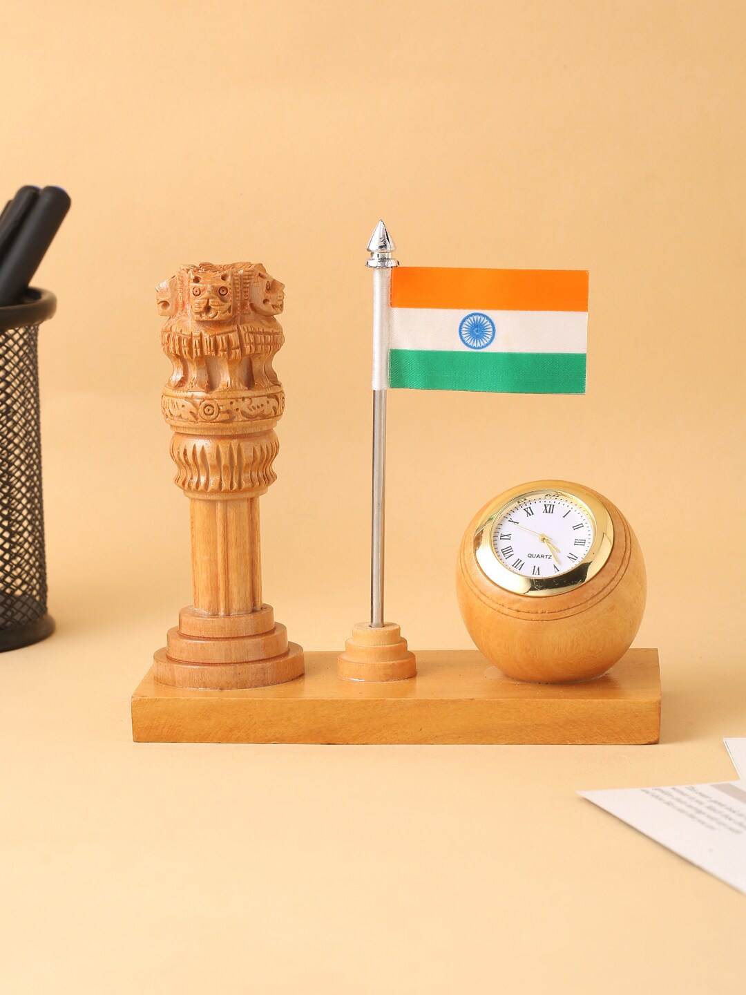 

RDK Beige Ashoka Pillar With Flag & Clock Showpiece