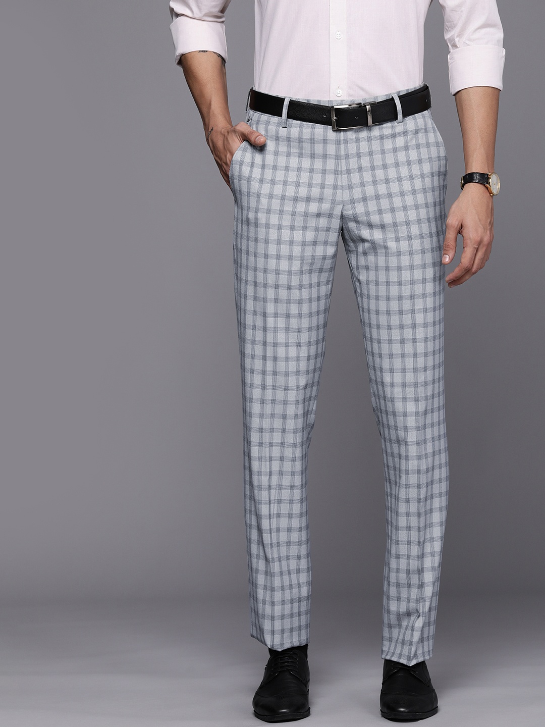 

Louis Philippe Men Grey Checked Slim Fit Trousers
