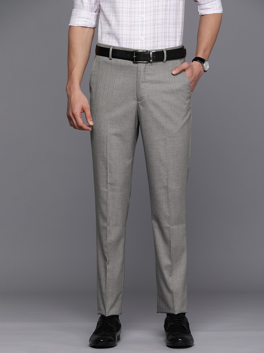 

Louis Philippe Men Grey Striped Slim Fit Trousers