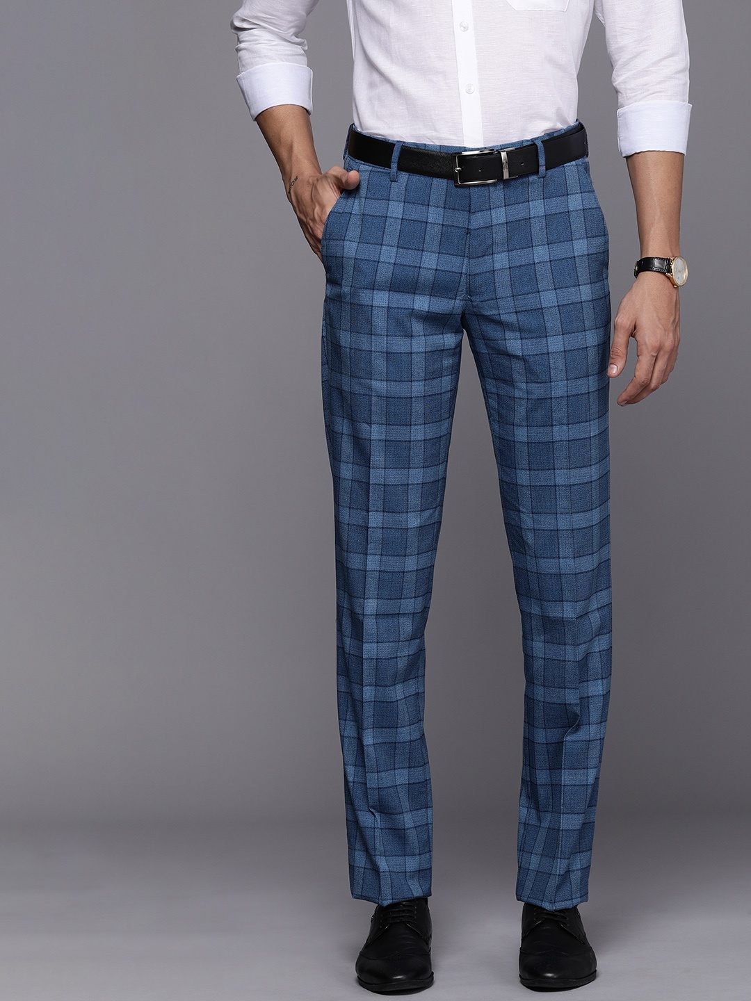 

Louis Philippe Men Blue Checked Slim Fit Trousers