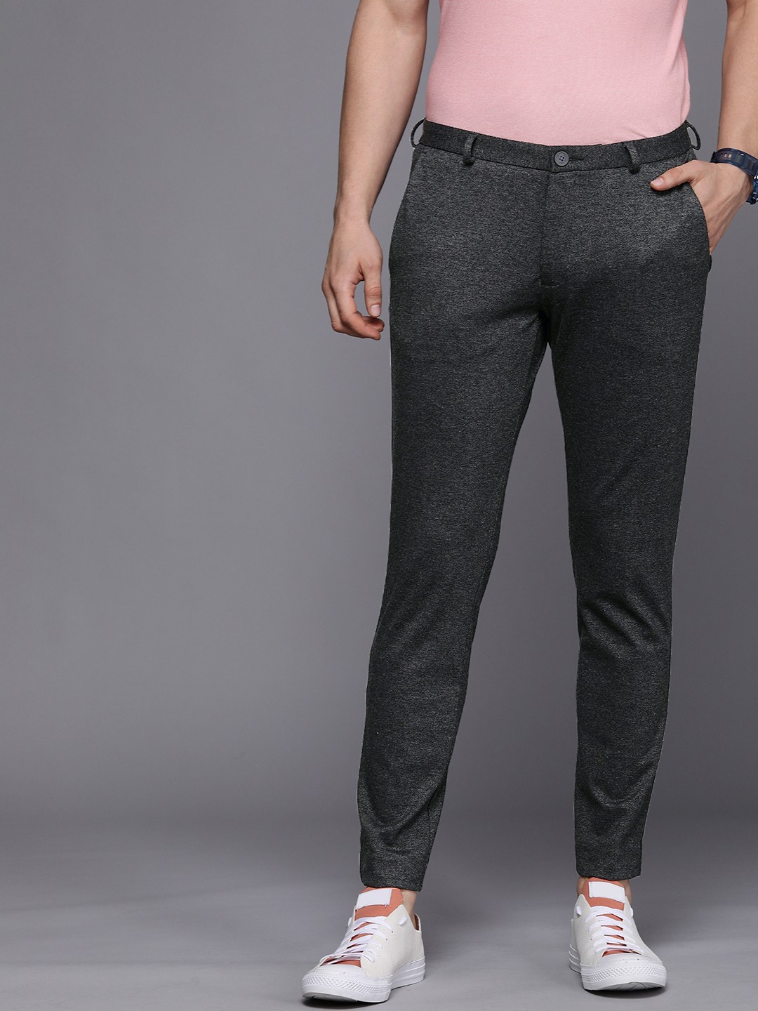 

Louis Philippe Ath Work Men Dark Grey Self Design Comfort Tapered Fit Semiformal Trousers