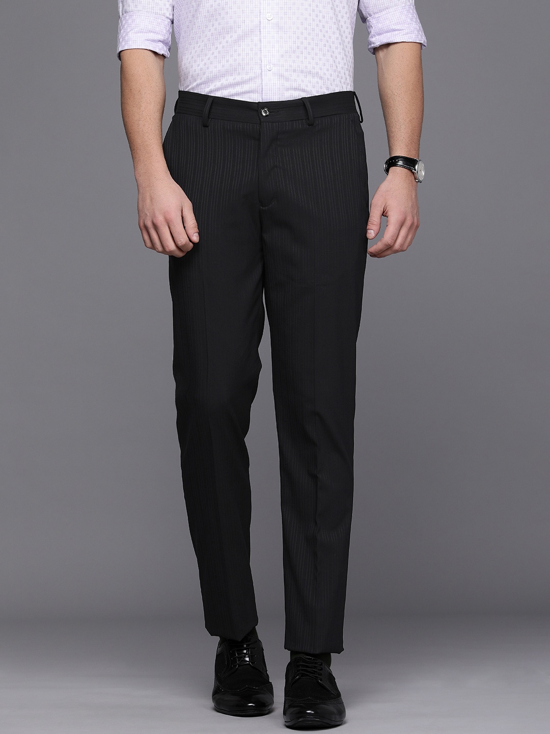 

Louis Philippe Men Black Striped Slim Fit Formal Trousers