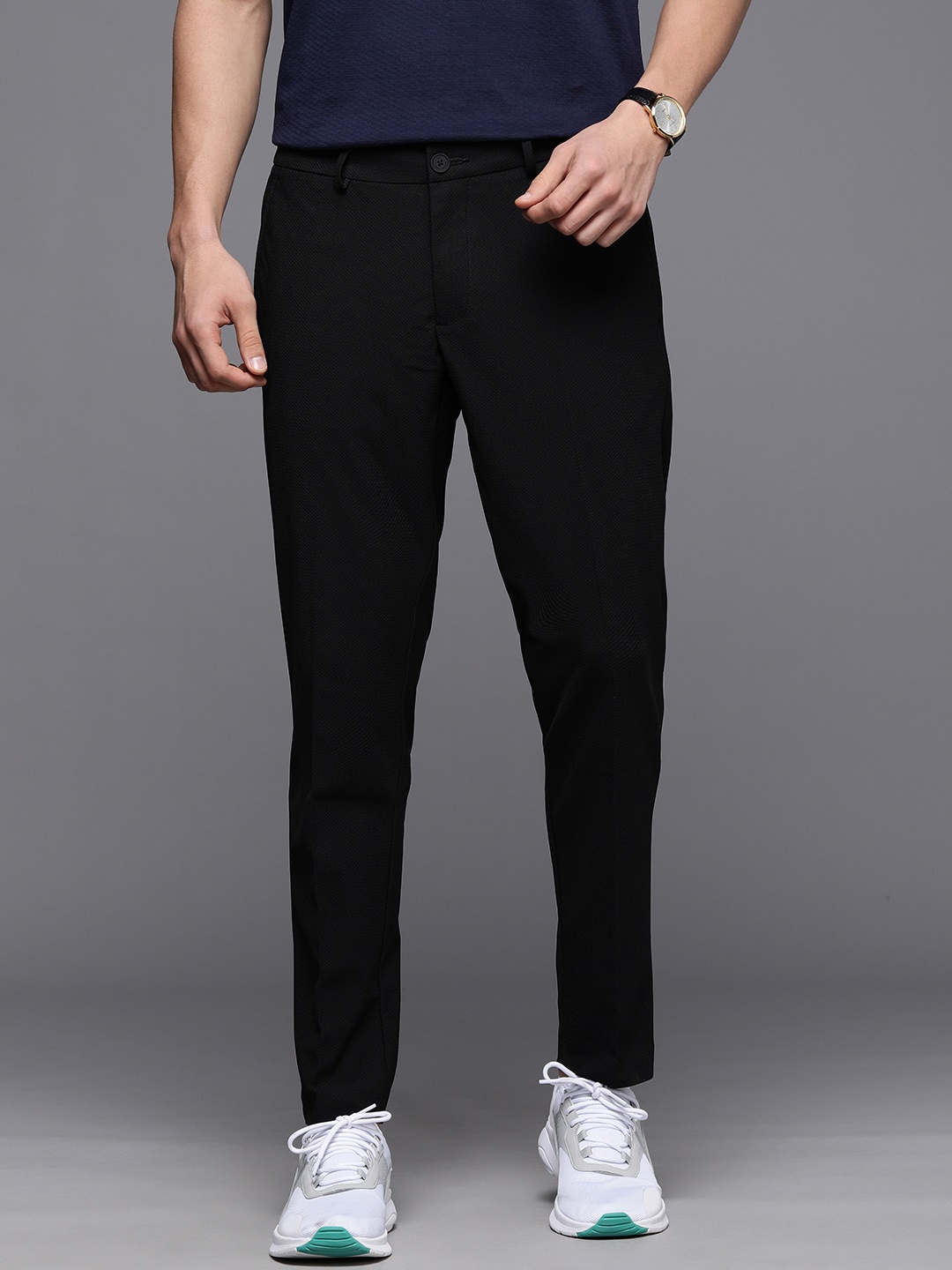 

Louis Philippe Ath.Work Men Black Comfort Tapered Fit Low-Rise Trousers