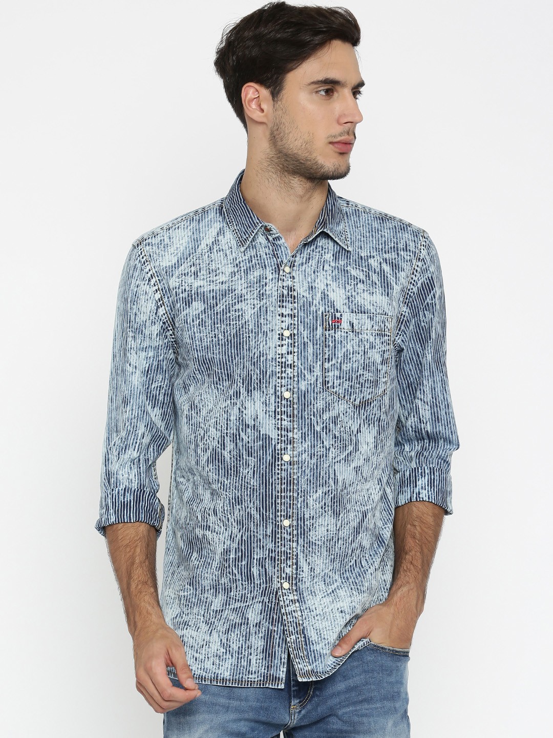 

Jack & Jones Men Blue & White Slim Fit Striped & Washed Casual Shirt