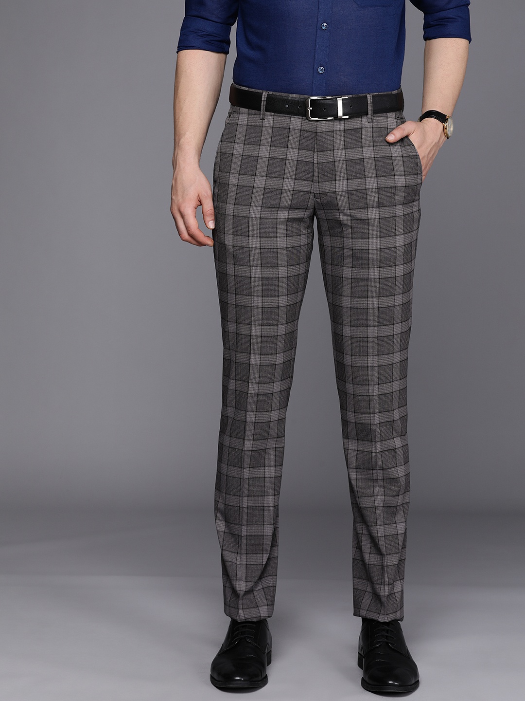 

Louis Philippe Men Grey Checked Slim Fit Wrinkle Free Formal Trousers