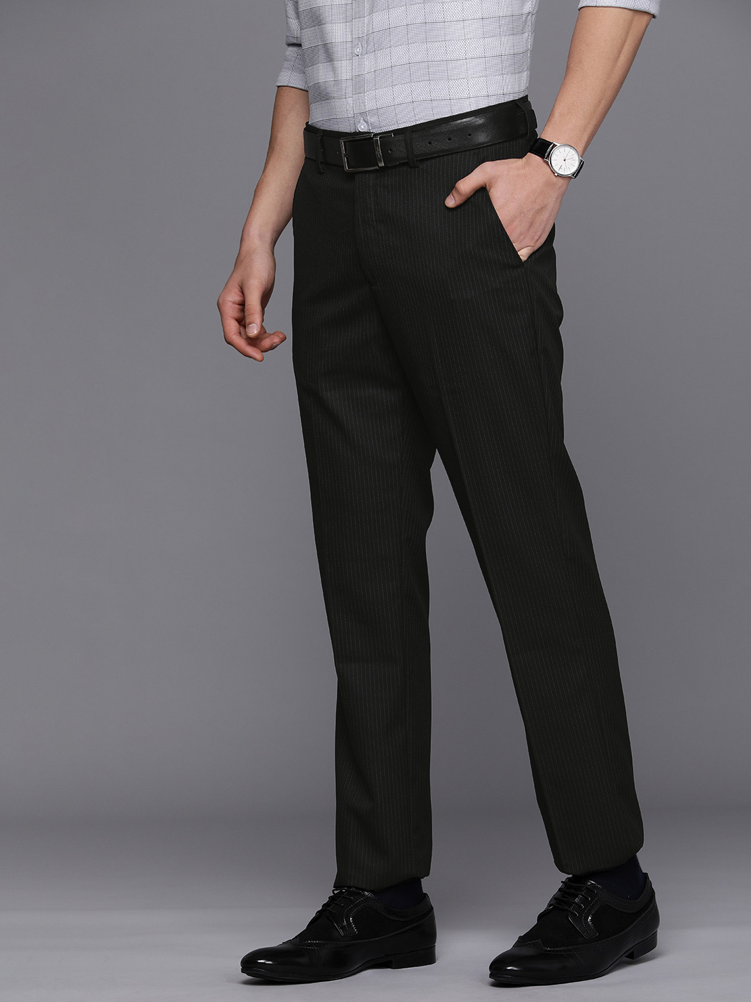 

Louis Philippe Men Black Striped Slim Fit Formal Trousers