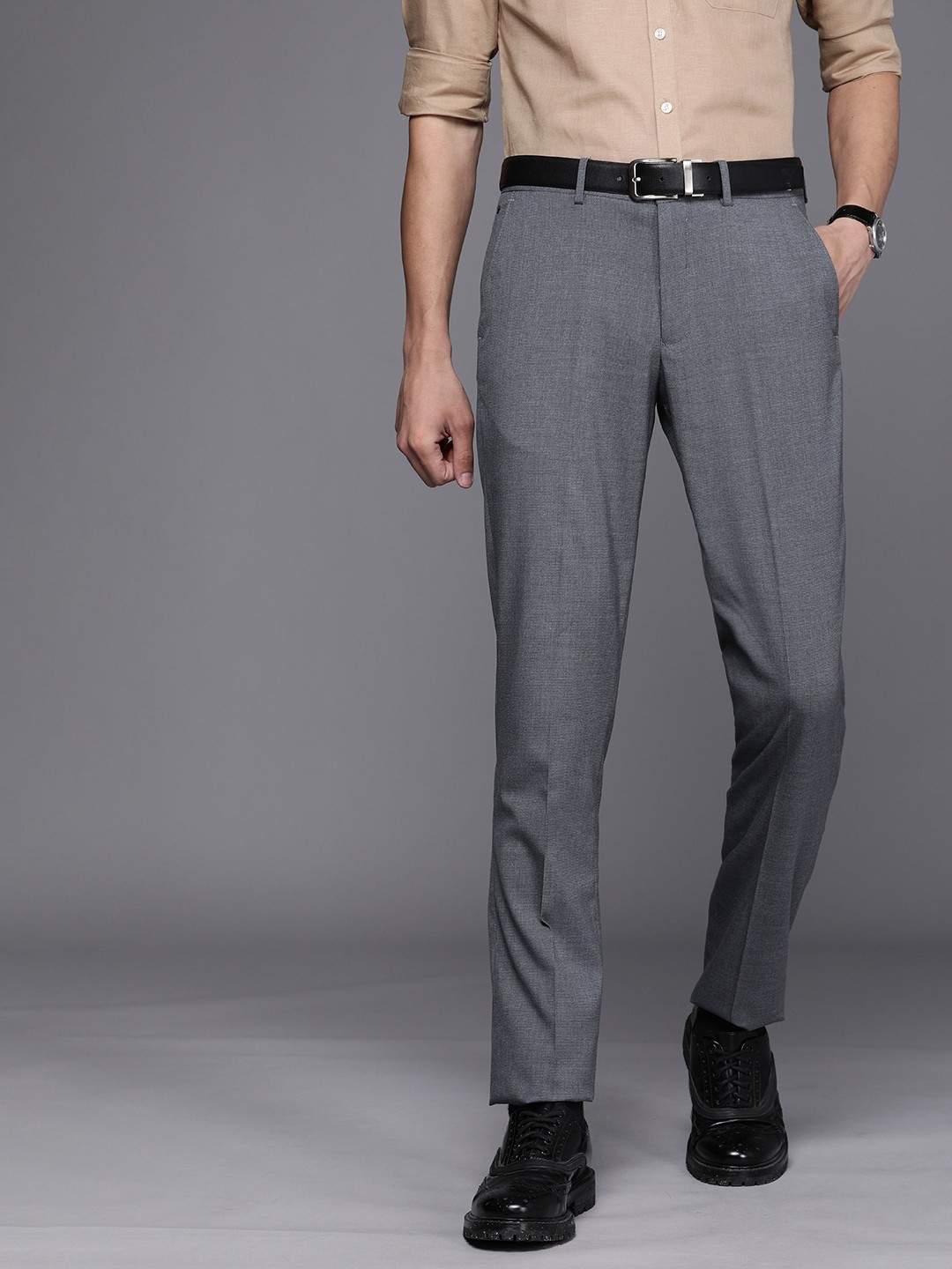 

Louis Philippe Men Grey Textured Slim Fit Trousers