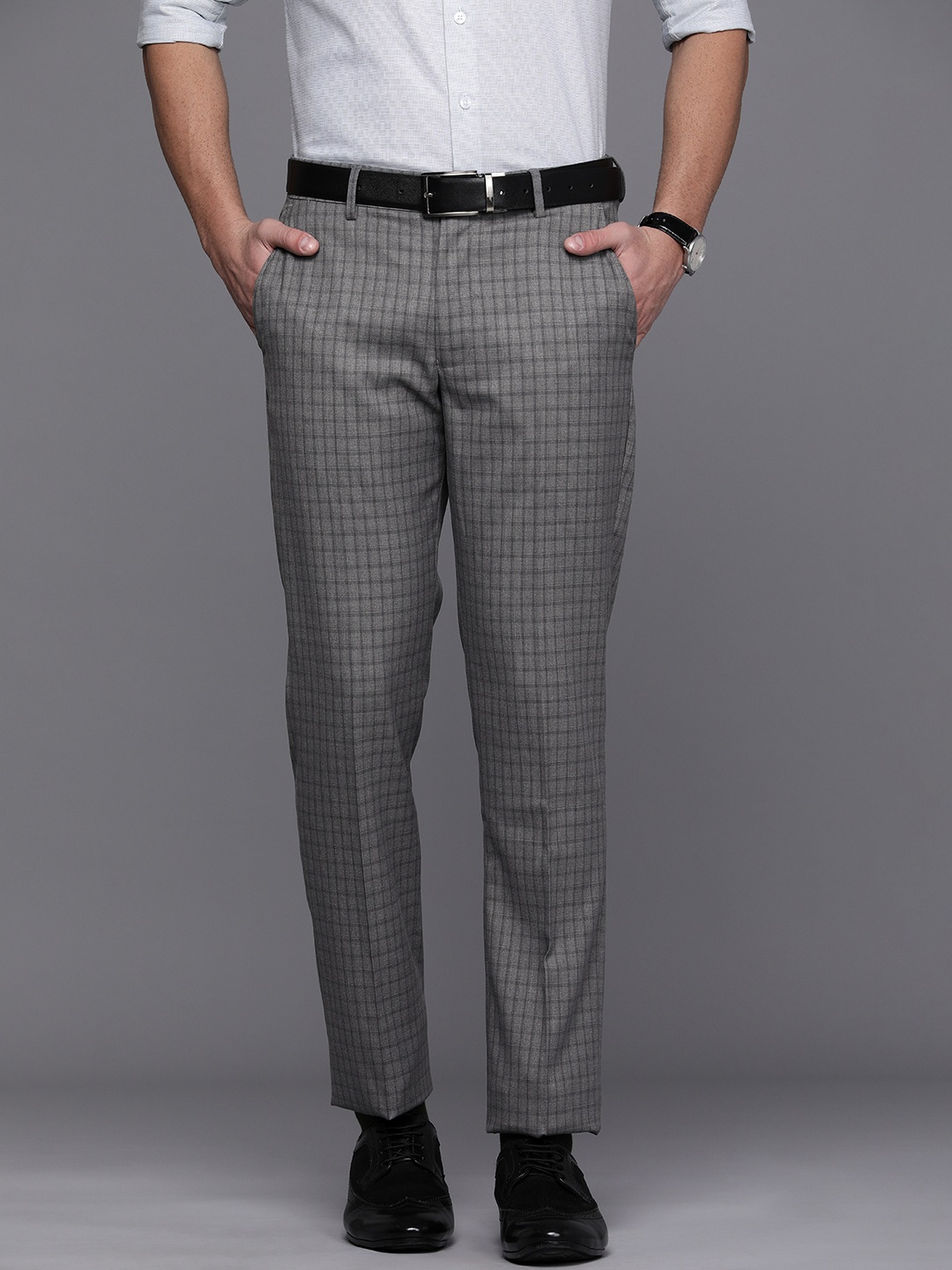 

Louis Philippe Men Grey Checked Slim Fit Formal Trousers