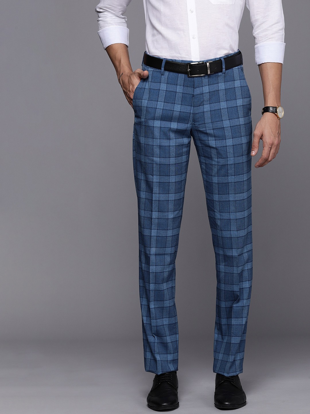

Louis Philippe Men Checked Slim Fit Formal Trousers, Blue