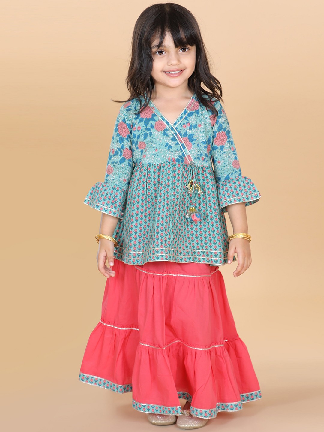 

ADIVA Girls Blue Floral Printed Pleated Pure Cotton Kurta with Sharara