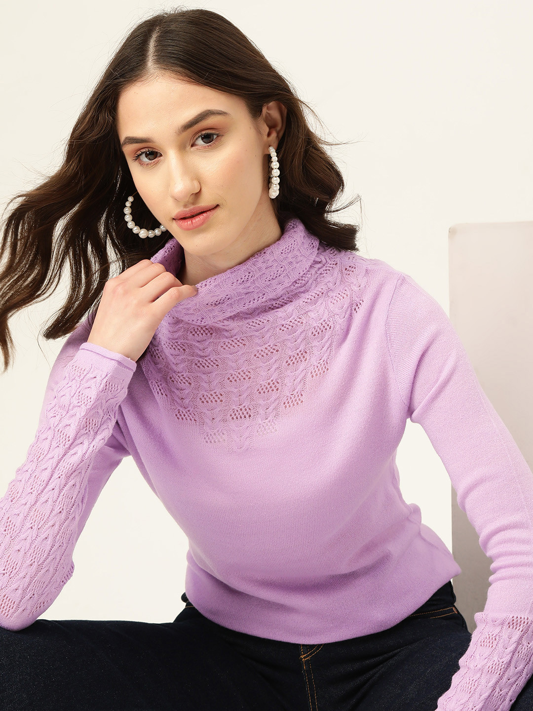 

Dressberry Women Open Knit Turtle Neck Acrylic Pullover, Lavender