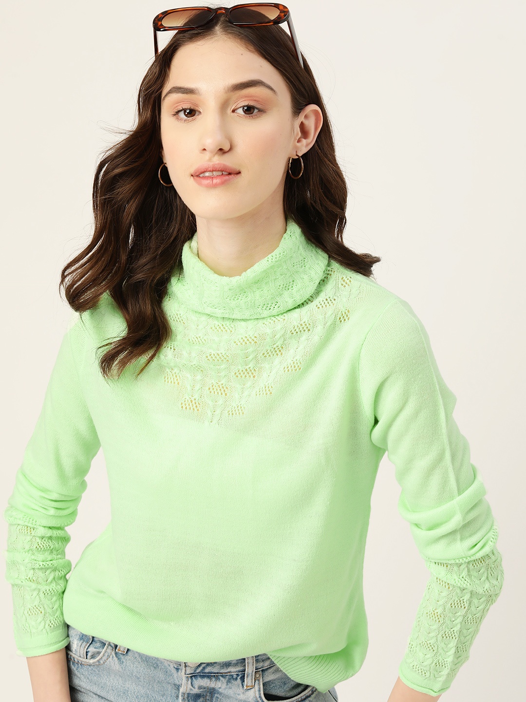 

Dressberry Women Open Knit Turtle Neck Acrylic Pullover, Green