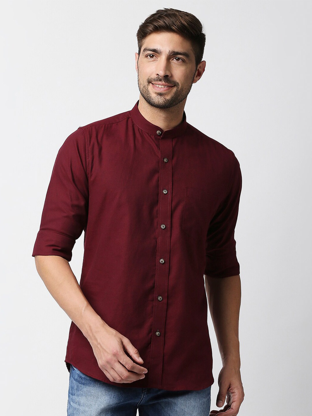 

EVOQ Men Maroon Mandarin Collar Standard Casual Shirt