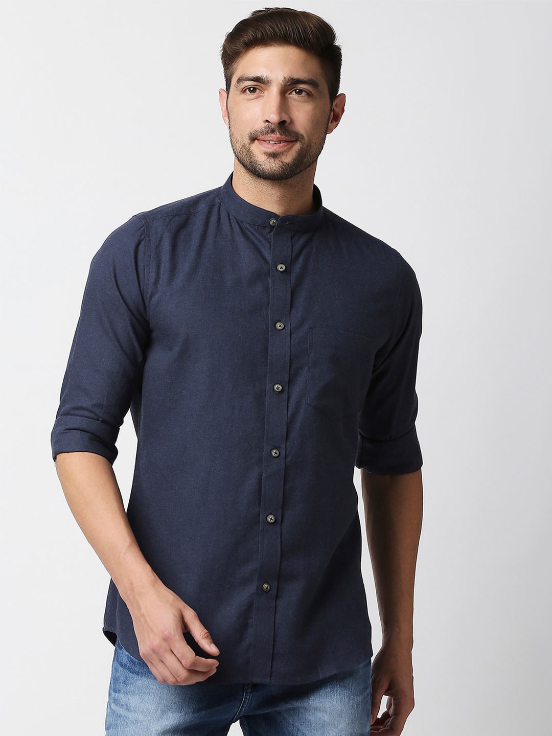 

EVOQ Men Blue Mandarin Collar Standard Casual Shirt