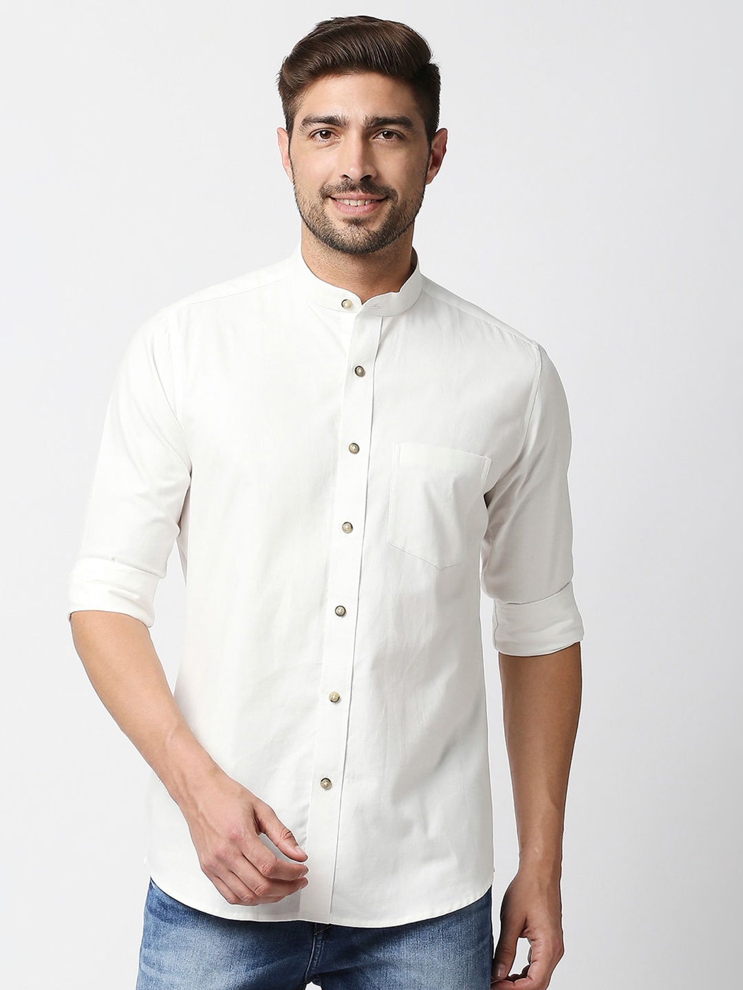 

EVOQ Men White Mandarin Collar Standard Casual Shirt