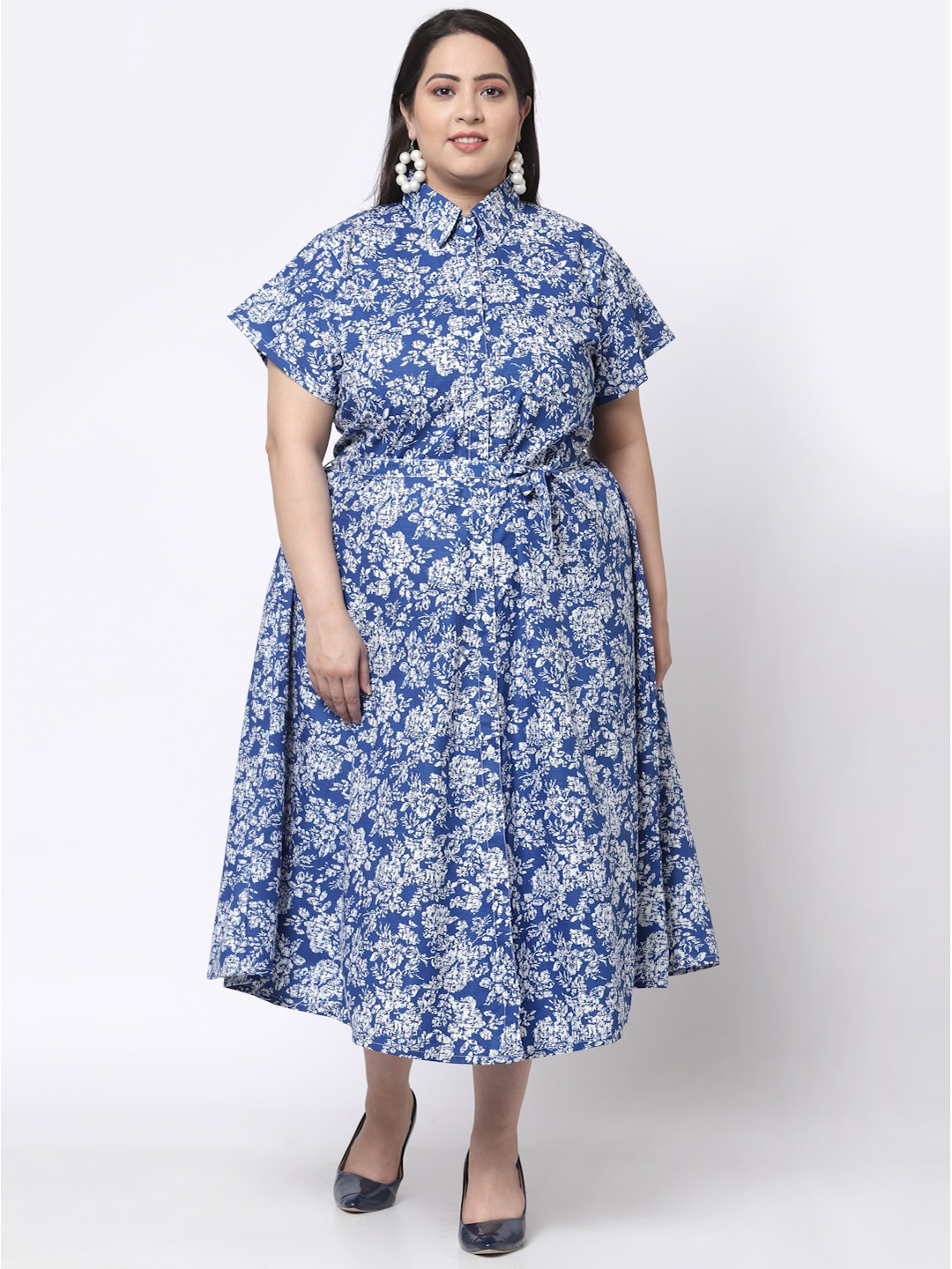 

KLOTTHE Plus Size Blue Floral Shirt Midi Dress