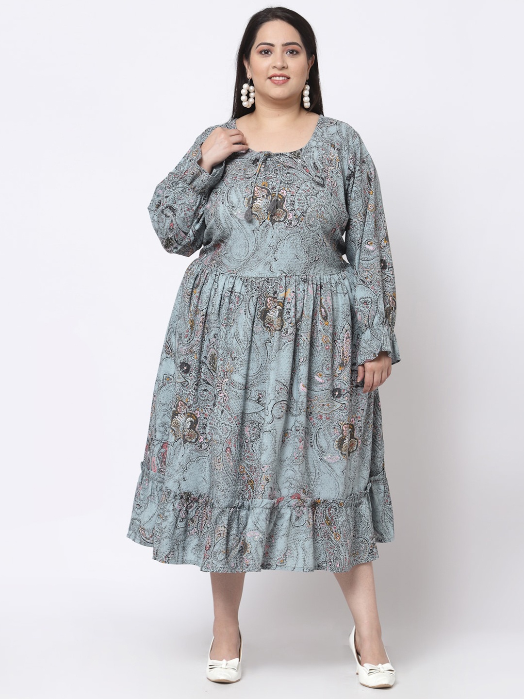 

KLOTTHE Grey Ethnic Motifs Printed Cotton Fit & Flare Midi Dress