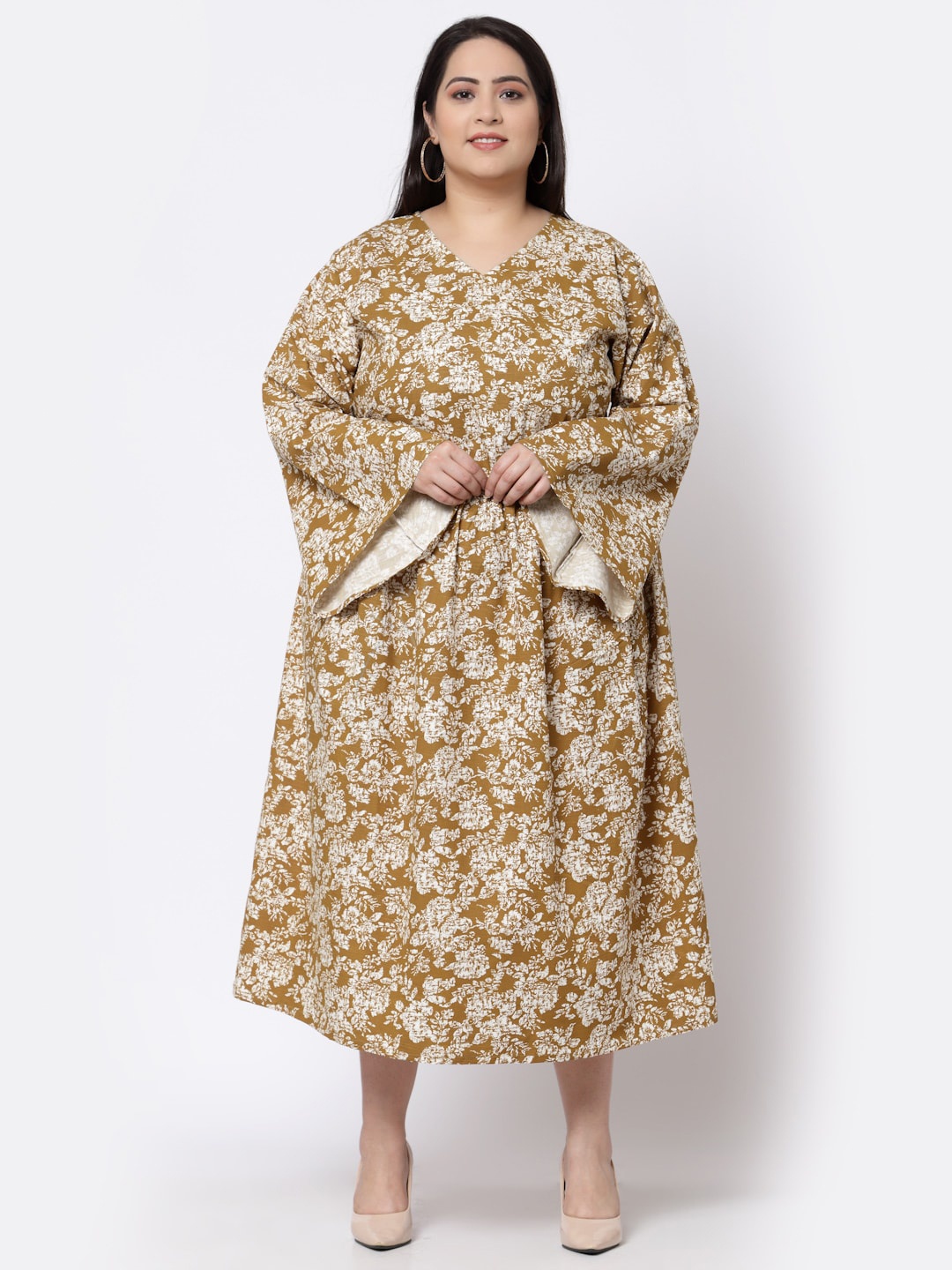 

KLOTTHE Plus Size Mustard Yellow Floral Midi Dress