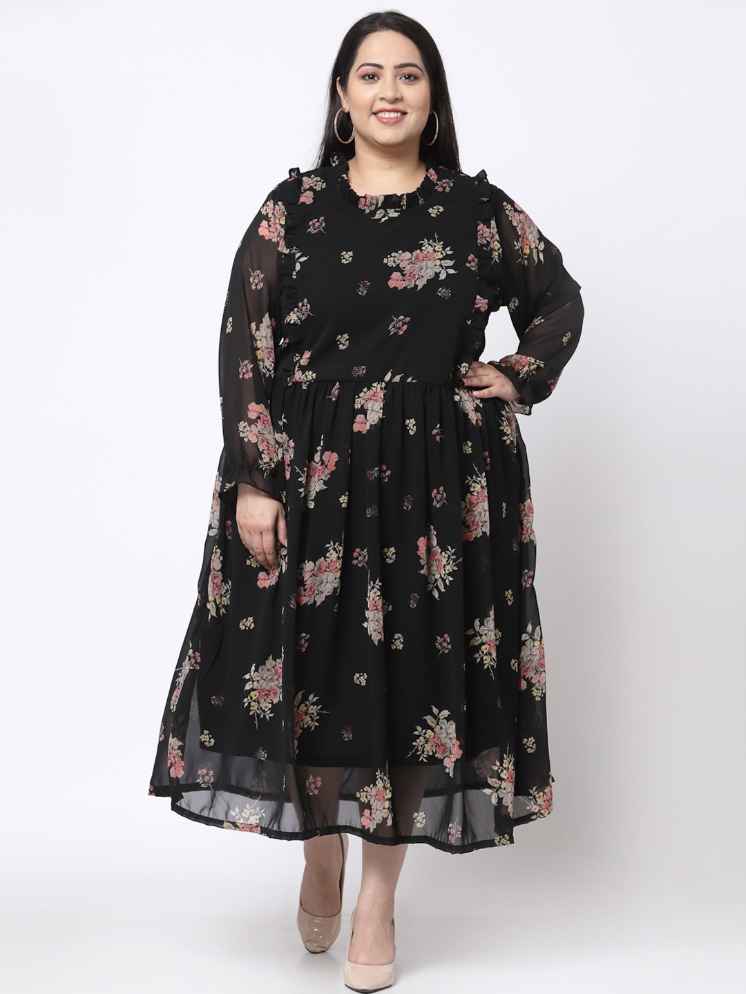 

KLOTTHE Black & Beige Floral Chiffon Fit & Flare Midi Dress